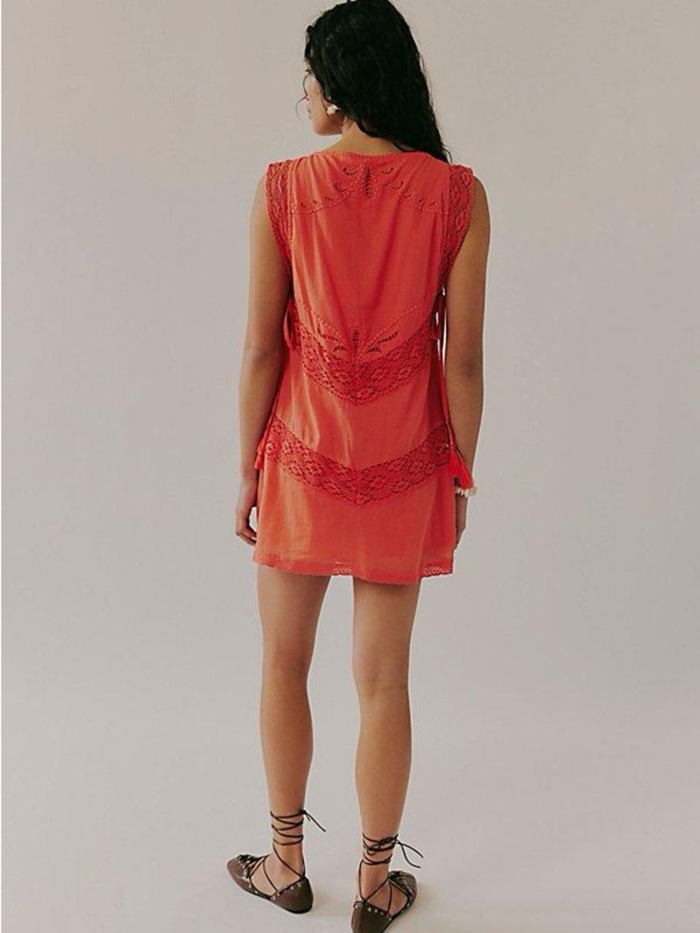 Free People Winifred Mini Dress Red Guava Coral Lace Tassel 100% Cotton Small - Picture 2 of 15